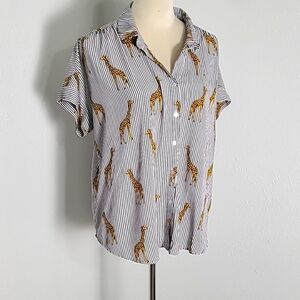 Jane & Delance Black & White Striped Oversized Shirt, Giraffe Print, Size Large